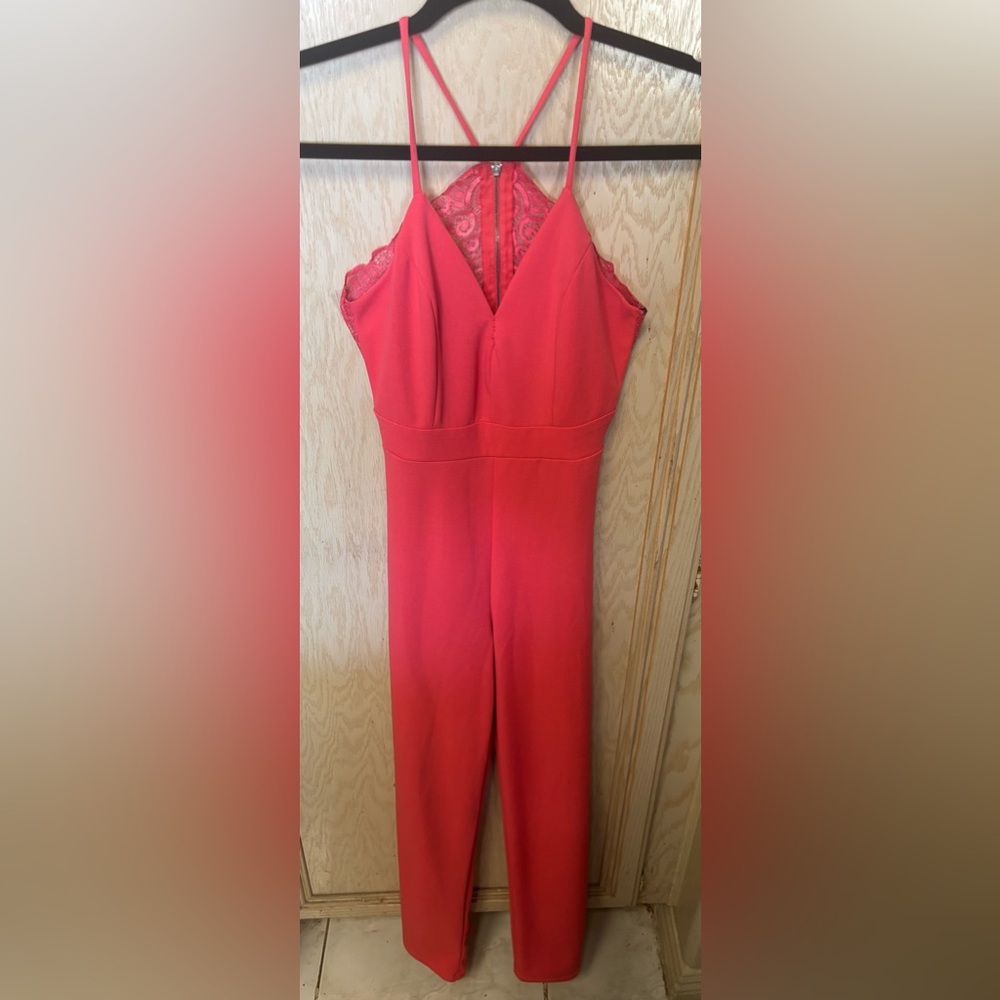 Women’s Pant Jumpsuit One Piece Coral Pink Spaghetti Strap Lace Back Zip‎ READ